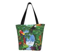 Macaw And Toucan Perching Of American Rainforests Fashion Canvas Tote Bag With All Over Print Design,Large Reusable Shopper Tote With Double Handles,Beach Tote, Weekend Bag
