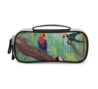 Macaw And Toucan Perching of American Rainforests Pencil Case - PU Leather Pencil Bag Multifunctional Zipper Pouch Bags Small Makeup & Stationery Organizer for Office, Travel, Men & Women (8.3x4.3x1.8