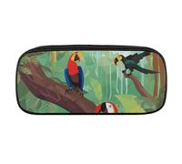 Macaw And Toucan Perching of American Rainforests Pencil Case Waterproof Leather Pencil Pouch Multi-purpose Aesthetic Makeup Bag Cute Pen Bag Large Cosmetic Bag for Office Stationery, Travel