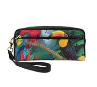 Macaw and Toucan Perching of American Rainforests Printed Makeup Bag for Women Travel PU Leather Cosmetic Bag with Wristlet Toiletry Bag