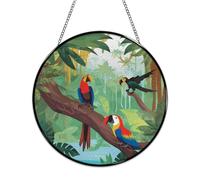 Macaw and Toucan Perching of American Rainforests Stained Glass Window Hanging Sign Suncatcher