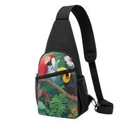 Macaw and Toucan Perching of Tropical Rainforests Printed Chest Bag Sling Bag for Men Women, Outdoor Crossbody Fanny Packs Hiking Chest Packs Sport Daypacks