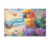 Macaw Holding Gem Heart on Shore 1000 Pieces Set Classic Jigsaw Puzzle Couple Puzzle Partners Mind Relaxation Wall Decor Easter New Year Creativity & Gift Giving 1000 PCS