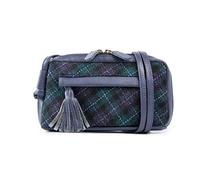 Macbeth Tweed Cleo Quilted Handbag, Navy Blue Leather Trim, Deep Green and Purple Plaid Pattern, Shoulder Carry Style