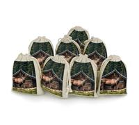 maccbn 8 Pack Natural Cotton Drawstring Bags Reusable Muslin Bag Empty Gift Bags Mountain Cabin Moose Pouches for Tea Jewelry Sachet Wedding Party Favors Storage Holiday Gifts 5x7 Inch