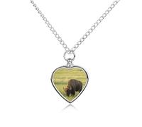maccbn Bison Eats Grass Pet Urn Necklace for Ashes Waterproof Heart Memorial Pendant with Filling Kit 27.6" Adjustable Chain Cremation Keepsake Jewelry for Dog Cat Sympathy Gift for Pet Lovers