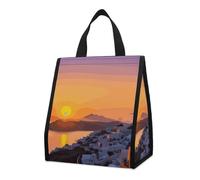 maccbn Foldable Greece Island Sunset Insulated Lunch Bag 9L Reusable Leakproof Cooler Tote with Pocket Washable Aluminum Foil Lining Lightweight Thermal Food Storage Bag for Office Picnic Beach Gym