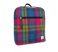 maccessori Harris Tweed Backpack for Women - Genuine Harris Tweed & Faux Leather Everyday Rucksack, Lightweight Stylish Travel & Work Bag with Multiple Zip Pockets, 27 × 30 × 11 cm (Blue/Pink Check)