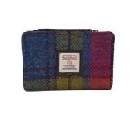 maccessori Harris Tweed Medium Zip Purse - Genuine Scottish Tweed Wallet with Card Slots, Notes & Coin Compartments, Vegan Leather Trim, Compact & Stylish Gift for Women (Blue/Pink Check)