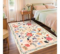 Macgace 3x5 Floral Rug for Girls Bedroom, Machine Washable Area Rugs with Non Slip Backingfor Living Room, Cute Flowers Carpet Kitchen Dining Room Kids Playroom Decor, Peach White