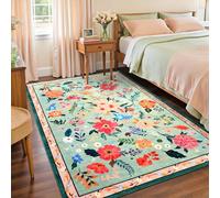 Macgace 4x6 Floral Rug for Girls Bedroom, Machine Washable Area Rugs with Non Slip Backingfor Living Room, Cute Flowers Carpet Kitchen Dining Room Kids Playroom Decor, Light Green