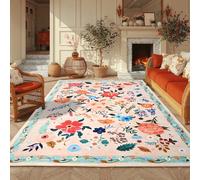 Macgace 5x7 Washable Floral Rug, Vibrant Flower Pattern Boho Area Rug for Bedroom, Living Room, Kitchen, Entryway, Peach White