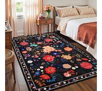 Macgace Black Floral Rug for Girls Bedroom, 4x6 Machine Washable Area Rugs with Non Slip Backingfor Living Room, Cute Flowers Carpet Kitchen Dining Room Kids Playroom Decor