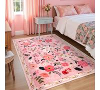 Macgace Pink Floral Rug for Girls Bedroom, 3x5 Machine Washable Area Rugs with Non Slip Backingfor Living Room, Cute Flowers Carpet Kitchen Dining Room Kids Playroom Decor