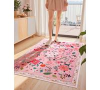 Macgace Pink Floral Rug for Girls Bedroom, 3x5 Machine Washable Area Rugs with Non Slip Backingfor Living Room, Cute Flowers Carpet Kitchen Dining Room Kids Playroom Decor
