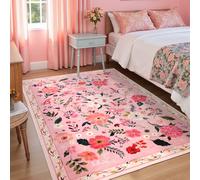Macgace Pink Floral Rug for Girls Bedroom, 4x6 Machine Washable Area Rugs with Non Slip Backingfor Living Room, Cute Flowers Carpet Kitchen Dining Room Kids Playroom Decor
