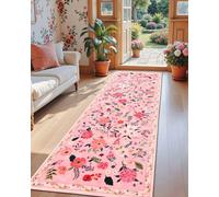 Macgace Pink Floral Runner Rug, 2.5x8 Flowers Printed Washable Rugs with Non Slip Backing for Girls Bedroom Kitchen Hallway, Cute Carpet Runners Home Aesthetic Decor