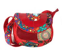 Macha Ethnic Cotton Bag with Colourful Prints and Leather Inserts, Shoulder Bag for Women Ethnic Indian Colourful (Red)