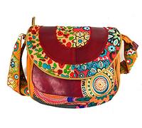 Macha Ethnic Cotton Bag with Colourful Prints and Leather Inserts, Shoulder Bag for Women Ethnic Indian Colourful (Orange), Length: 30 cm Height: 23 cm Gusset 8 cm