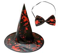 Machify 2 Pcs Halloween Bloody Witch Hat and Bowtie Costume Set, Unisex Wizard Witch Hat with Blood Stain Design for Spooky Parties