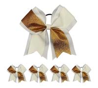 Machify 8 In Glitter Hair Bows, 5 Pcs, Gold/White, Double Layered, Elastic Ties For Cheerleading, Young Ladies, Great For Competition
