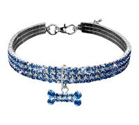 Machify Blue Pet Collar with Rhinestone, Shiny Crystal gem Dog Collar, 3-Row Bright Design Featuring Bone Pendant, Adjustable 9.25 inch Neck Plus 1.97 inch Extension Chain for Cat Small Pet