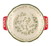 Machify Ceramic Baking Dish with Ruffled Edge and Double Handles, Hand Painted Glazed Serving Bowl, 7.95 x 6.73 x 1.97 in, 22 fl oz Capacity for Lasagna, Au Gratin, Pizza, Red Cream Green