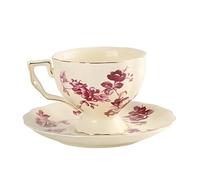 Machify Ceramic Tea Cup and Saucer Set, Vintage Coffee Cup with Retro Floral Pattern, Large Opening, Comfort Grip, Safe Material, Ceramic Cup and Saucer Set for Home Kitchen, Daily Tea and Coffee