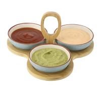 Machify Chip and Dip Serving Set, 3 Ceramic Salsa Bowls with 10.0 x 0.5 in Wood Tray, 4.6 x 1.4 in Serving Bowls for Side Dishes, Condiments, Dipping, Salsa, Party, Buffets