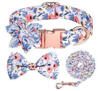 Machify Dog Collar and Leash Set, Blue Floral Pattern, Soft Fabric, Adjustable Fit, Includes Detachable Bowtie and Flower, Metal Buckle for Small Dogs