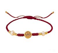 Machify Lucky Red String Bracelet with Gold Tone Prosperity Coin, Adjustable Braided Cord Wristband, Chinese Style Amulet, Cultured Pearl Accents, Handmade for Women, Good Luck