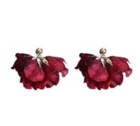 Machify Pair Of Petal Statement Earrings For Women, Dramatic Red Fabric Flower, Lightweight Bohemian Accessory With S925 Studs