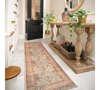 Machine Wash Red Beige Cotton Large Runner Rug Vintage Medallion Style Lightweight Pet Kid Friendly High Traffic Hardwearing Hallway Kitchen Bedroom Living Area Rug 80cm x 300cm (2ft 7" x 9ft 10")