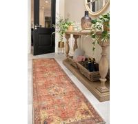 Machine Wash Terra Red Multicolour Cotton Large Runner Rug Floral Medallion Distressed Lightweight Non Shed Flexible Tough Hallway Kitchen Bedroom Living Area Rug 80cm x 300cm (2ft 7" x 9ft 10")
