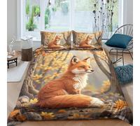 Machine Washable 3D Microfiber Autumn Fox Bedding Quilt Cover All Season Bedding Set w/ Pillowcase Illustrated Woodland Bed Quilt Cover Easy Care Machine Washable for Home Decoration King（220x240cm）