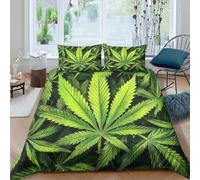 Machine Washable 3D Microfiber Cannabis Leaf Duvet Cover All Season Soft Bedding Set with Pillow Shams Natural Green Plant Quilt Cover Set Easy Care Machine Washable for Home Decor Double（200x200cm）