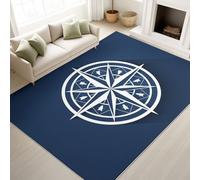 Machine Washable Anti-Slip Minimalist Illustration Geometric Rug 60 x 90 cm, Thin Soft Low-Pile Compass Nautical Blue Decorative for Kids Playroom Pet Friendly Dining Room Home Decor