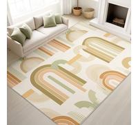 Machine Washable Anti-Slip Vintage Minimalist Abstract Rug 40 x 60 cm, Thin Soft Low-Pile Soft Geometric Beige Cosy for Kids Playroom Pet Friendly Dining Room Home Decor