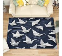 Machine Washable Area Rug 120x180 cm - Soft Non-Slip Crane-Shaped Origami Print Carpet for Living Room, Bedroom, Kids Room, Playroom, Hallway Runner - Blue And White Durable Low Pile Floor Mat