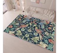 Machine Washable Area Rug 140 x 200 cm, Non-Slip Soft Short Pile Flannel Carpet, William Morris Style Strawberry Thief - Navy Rug for Living Room Double Bedroom
