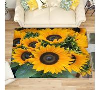 Machine Washable Area Rug 140x200 cm - Soft Non-Slip Sunflower Flower Theme Carpet for Living Room, Bedroom, Kids Room, Playroom, Hallway Runner - Yellow Durable Low Pile Floor Mat
