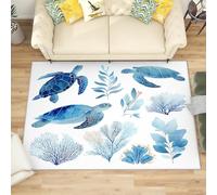 Machine Washable Area Rug 140x200 cm - Soft Non-Slip Watercolor Sea Turtle Coral Carpet for Living Room, Bedroom, Kids Room, Playroom, Hallway Runner - Light Blue Durable Low Pile Floor Mat