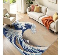 Machine Washable Area Rug 60 x 90 cm, Non-Slip Backing, Short Pile, Non-Shedding, Pet-Friendly - Japanese Style Waves Rugs for Living Room Bedroom Kitchen Office Playroom