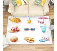 Machine Washable Area Rug 60x90 cm - Soft Non-Slip Summer Beach Elements Carpet for Living Room, Bedroom, Kids Room, Playroom, Hallway Runner - White Durable Low Pile Floor Mat