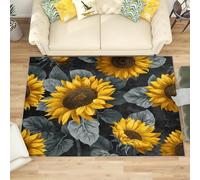 Machine Washable Area Rug 80x150 cm - Soft Non-Slip Yellow SunFloral Print Carpet for Living Room, Bedroom, Kids Room, Playroom, Hallway Runner - Black Durable Low Pile Floor Mat