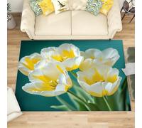 Machine Washable Area Rug 80x150 cm - Soft Non-Slip Yellow Tulip Theme Carpet for Living Room, Bedroom, Kids Room, Playroom, Hallway Runner - Art Illustration Durable Low Pile Floor Mat