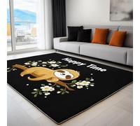 Machine Washable Area Rugs, 100 x 150 cm Short Pile, Cartoon Cute Sloth Flowers Non-Slip Backing, Non-Shedding Carpet for Bedroom Living Kitchen Soft Faux Wool Rug, Black