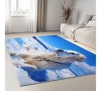 Machine Washable Area Rugs, 100 x 150 cm Short Pile, Modern Pets Snowy Golden Retriever Non-Slip Backing, Non-Shedding Carpet for Bedroom Living Kitchen Soft Faux Wool Rug, Blue