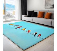 Machine Washable Area Rugs, 160 x 230 cm Short Pile, Cartoon Fun Cute Little Bird Non-Slip Backing, Non-Shedding Carpet for Bedroom Living Kitchen Soft Faux Wool Rug, Blue