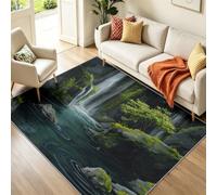 Machine Washable Area Rugs Living Room 140 x 200 cm, Non Slip Green Forest Waterfall Landscape Lightweight Carpet for Bedroom, Soft Low Pile Rug for Hallway, Diningroom, Dark Green and Blue